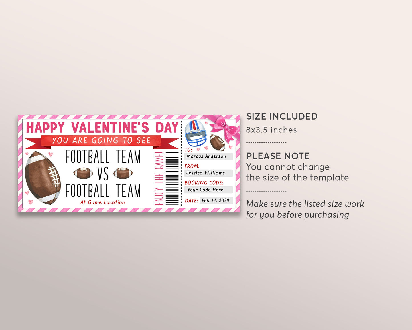 Valentine's Day Football Game Gift Ticket Editable Template, Valentine Surprise Sports Game Ticket For Boyfriend Husband, Baseball Lover