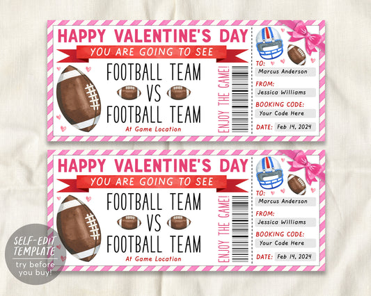 Valentine&#39;s Day Football Game Gift Ticket Editable Template