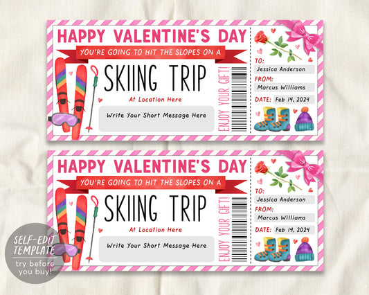 Valentines Day Ski Pass Gift Certificate Editable Template