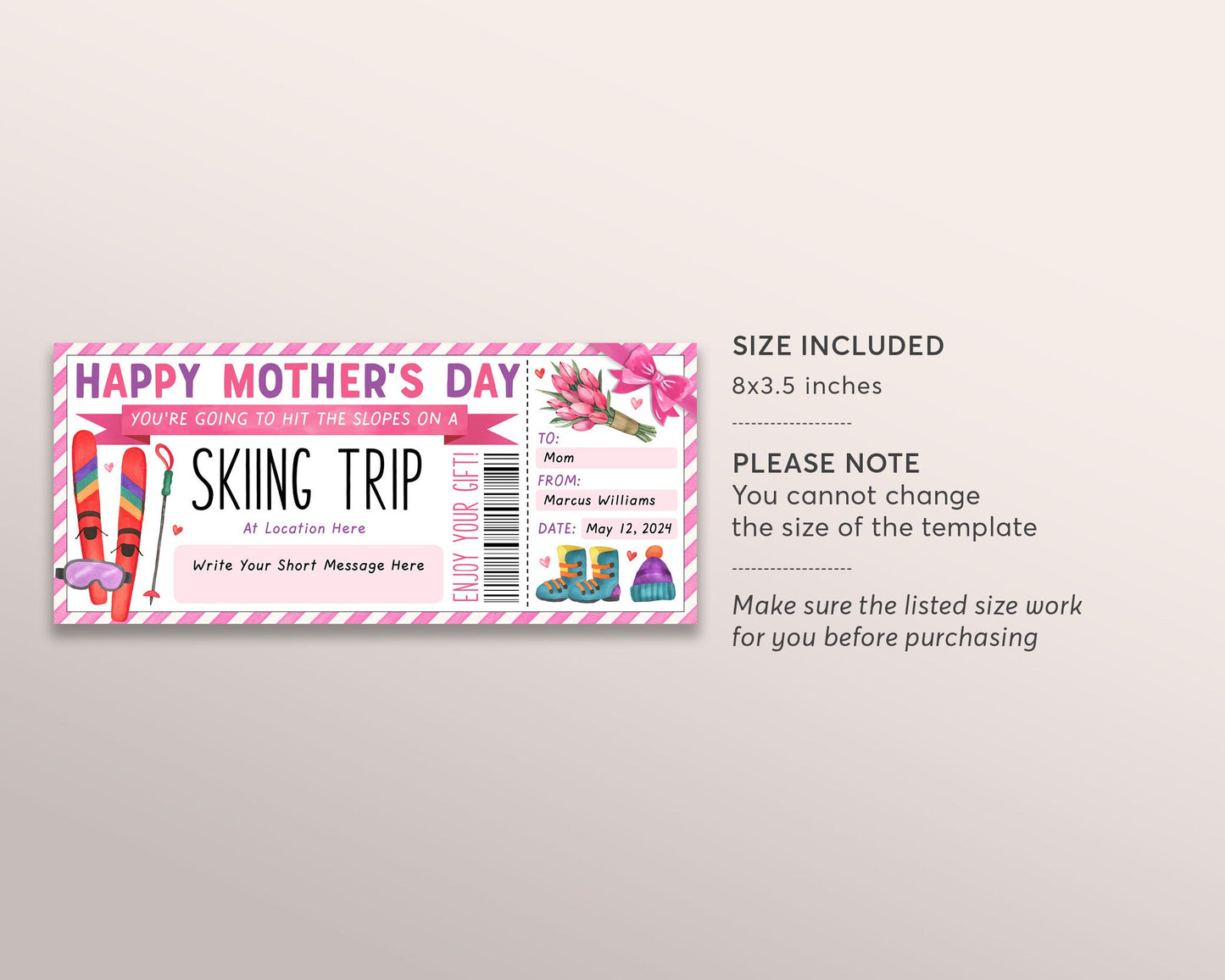 Mothers Day Skiing Trip Gift Certificate Editable Template, Surprise Holiday Ski Pass Vacation Gift Voucher For Mom, Skiing Lessons Training