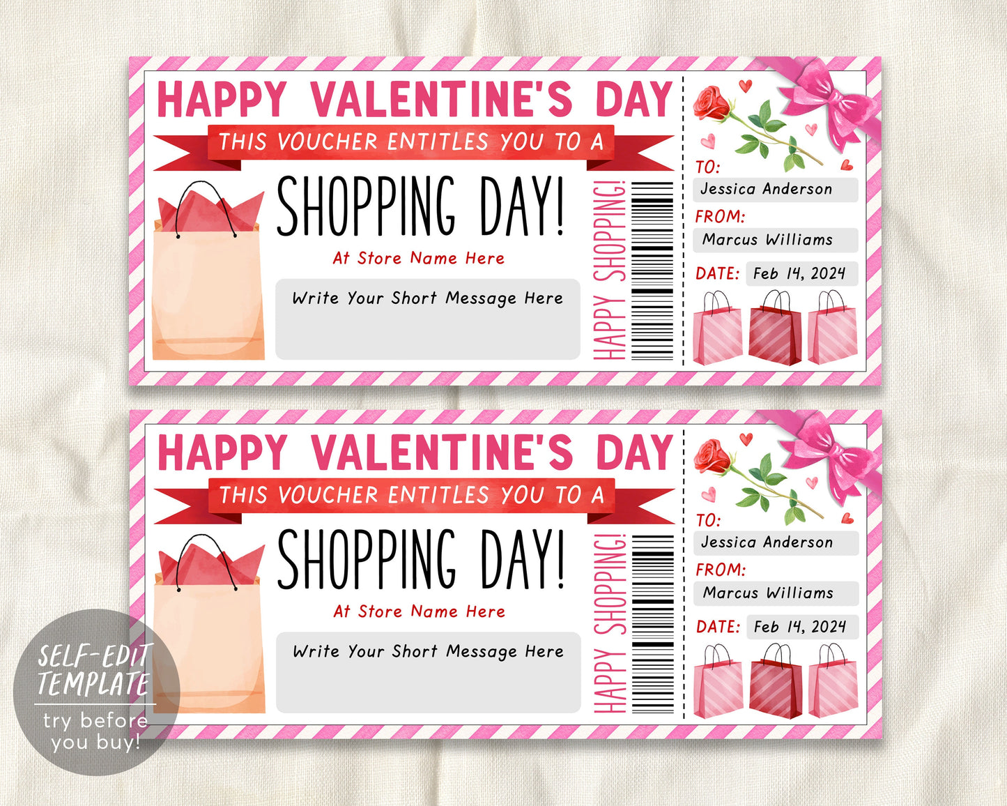 Valentine&#39;s Day Shopping Day Gift Certificate Editable Template