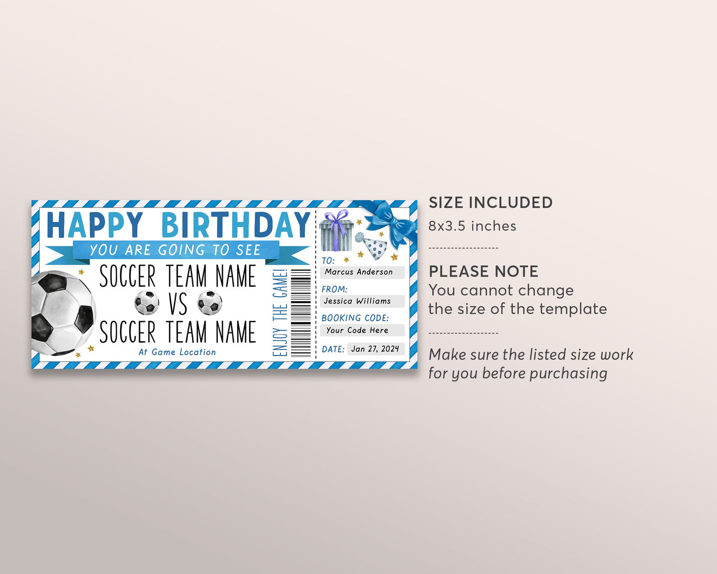 Soccer Game Gift Ticket Editable Template, Birthday Surprise Football Game Ticket, Soccer Lover Voucher Gift Certificate Coupon Printable