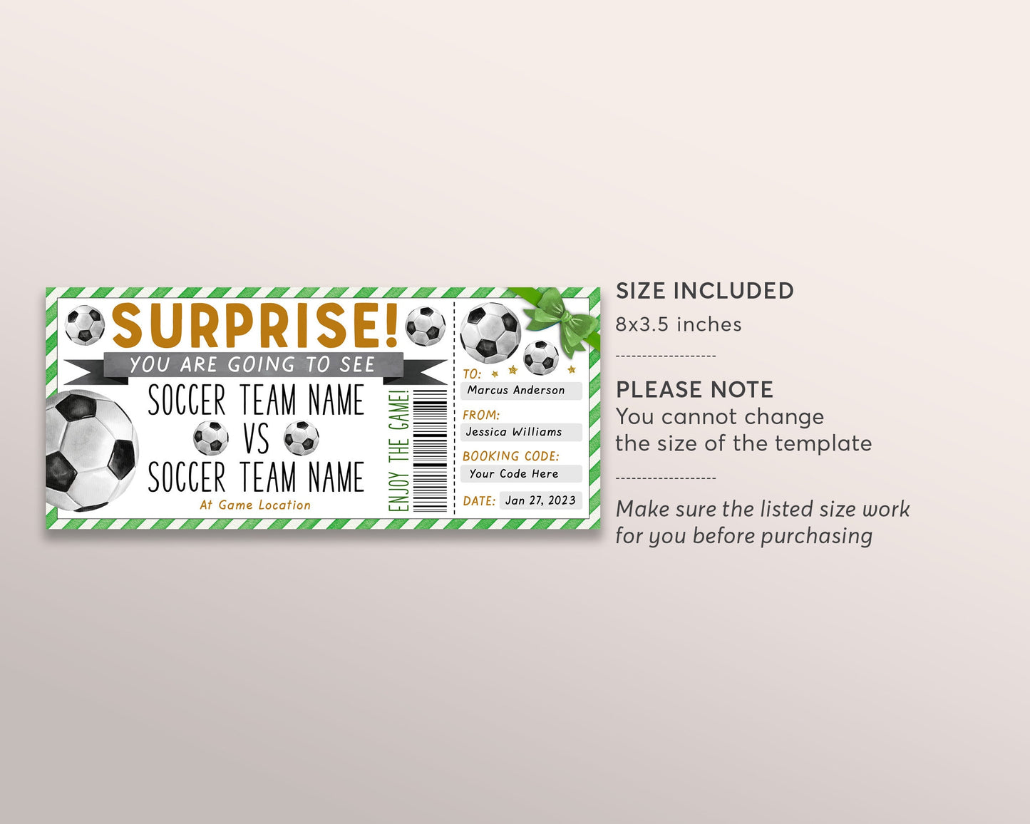 Soccer Game Gift Ticket Editable Template, Surprise Football Game Ticket, Soccer Lover Voucher Gift Certificate Coupon, Last Minute Gift