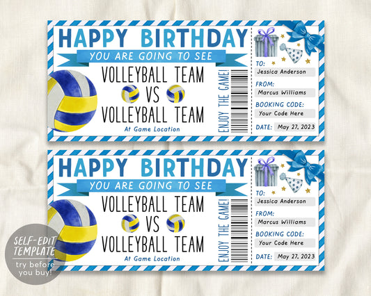 Volleyball Game Birthday Gift Ticket Editable Template