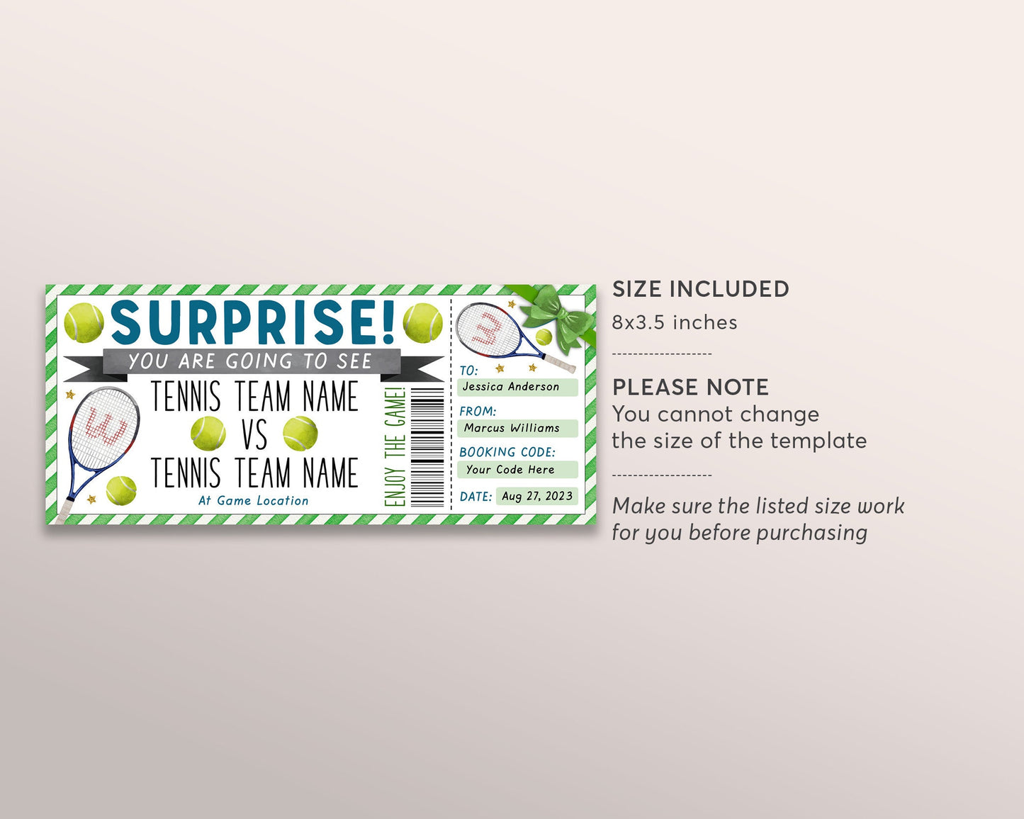 Tennis Game Gift Ticket Editable Template, Surprise Tennis Match Tournament Sports Game Ticket, Tennis Lover Voucher Gift Certificate