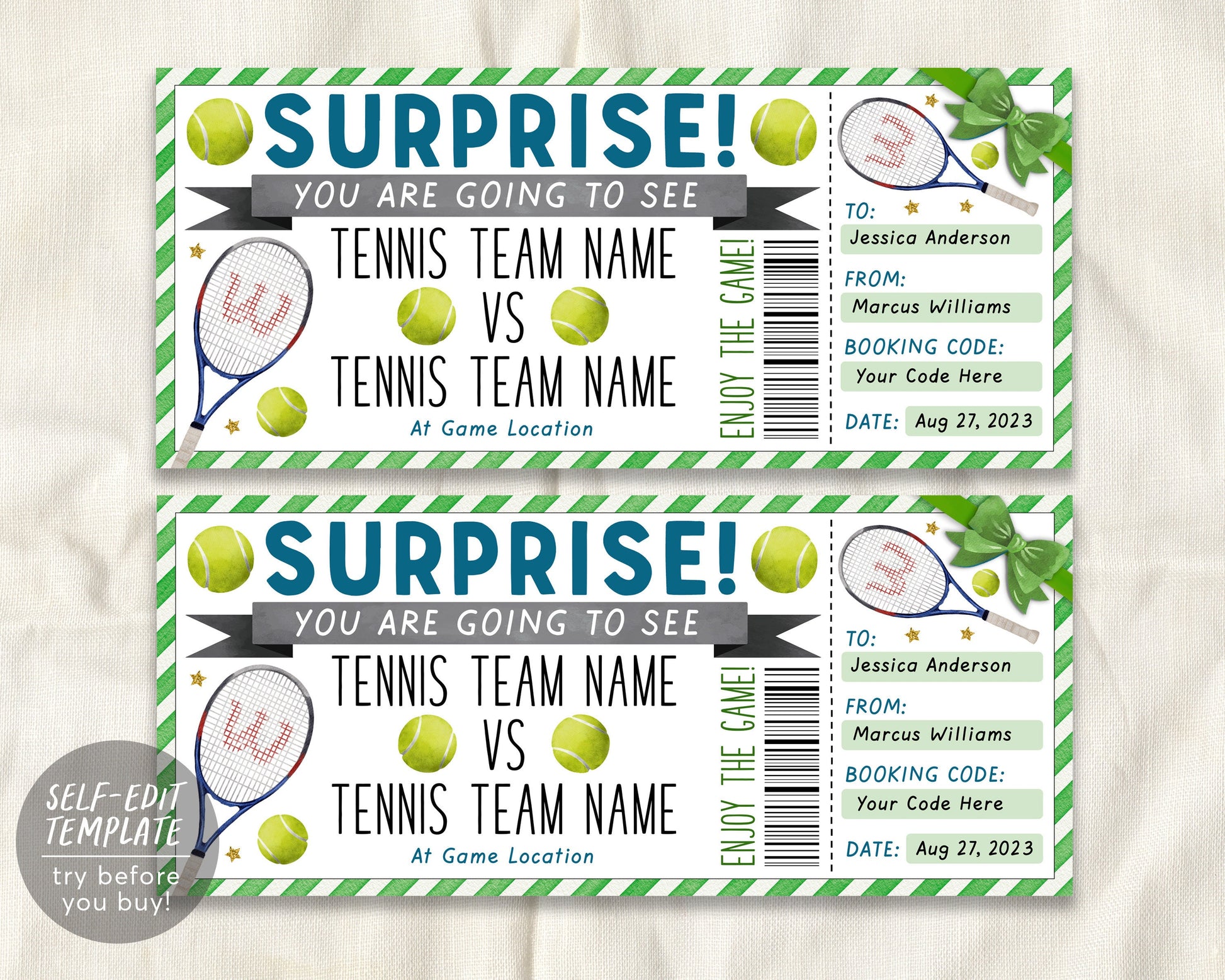 Tennis Game Gift Ticket Editable Template