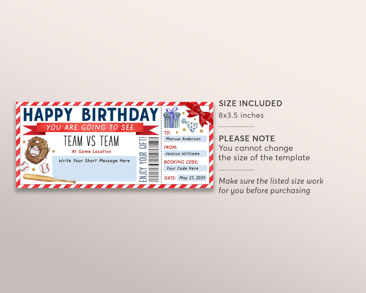 Baseball Game Gift Ticket Editable Template, Birthday Surprise Ticket To Baseball Sports Game Ticket, Voucher Gift Certificate Coupon DIY