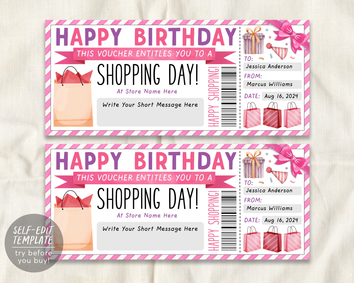 Birthday Shopping Spree Gift Certificate Editable Template, Surprise Shopping Day Trip Voucher Ticket For Girlfriend Wife Mom Printable