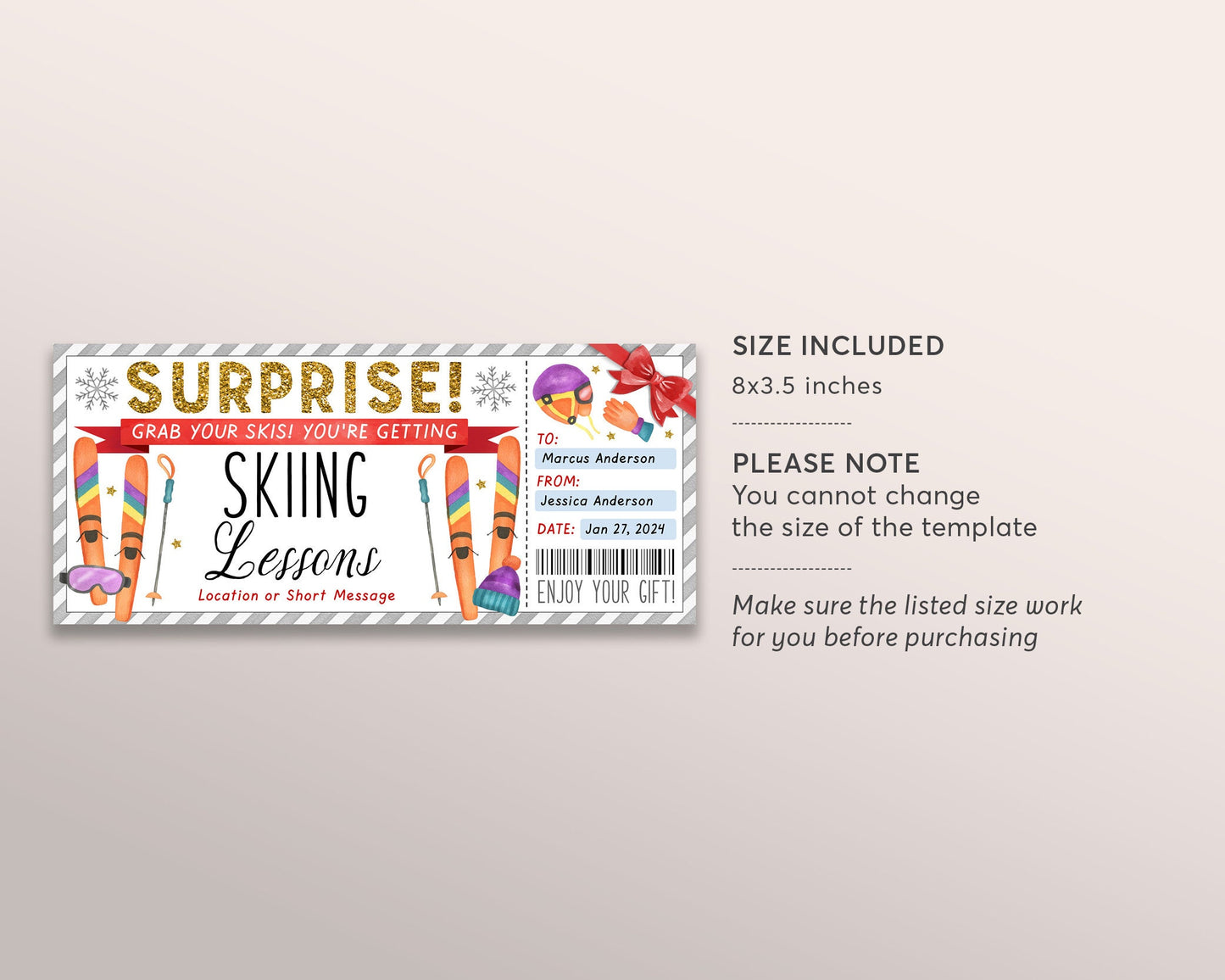 Skiing Lessons Voucher Gift Voucher Editable Template, Surprise Ski Training Gift Certificate, Skiing Trip Vacation Coupon Ski Lesson DIY