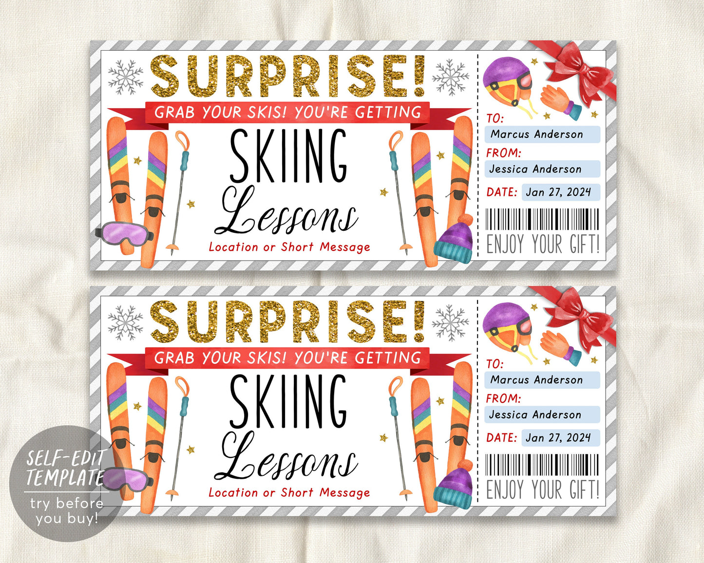 Skiing Lessons Voucher Gift Voucher Editable Template