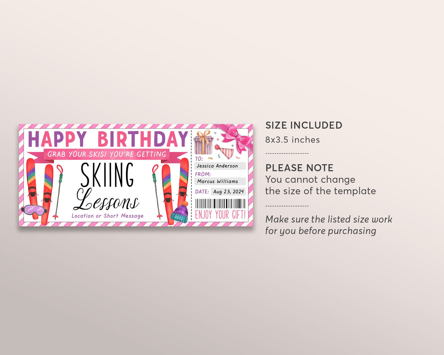 Skiing Lessons Voucher Gift Voucher Editable Template, Birthday Surprise Ski Training Gift Certificate, Skiing Trip Vacation Coupon For Her