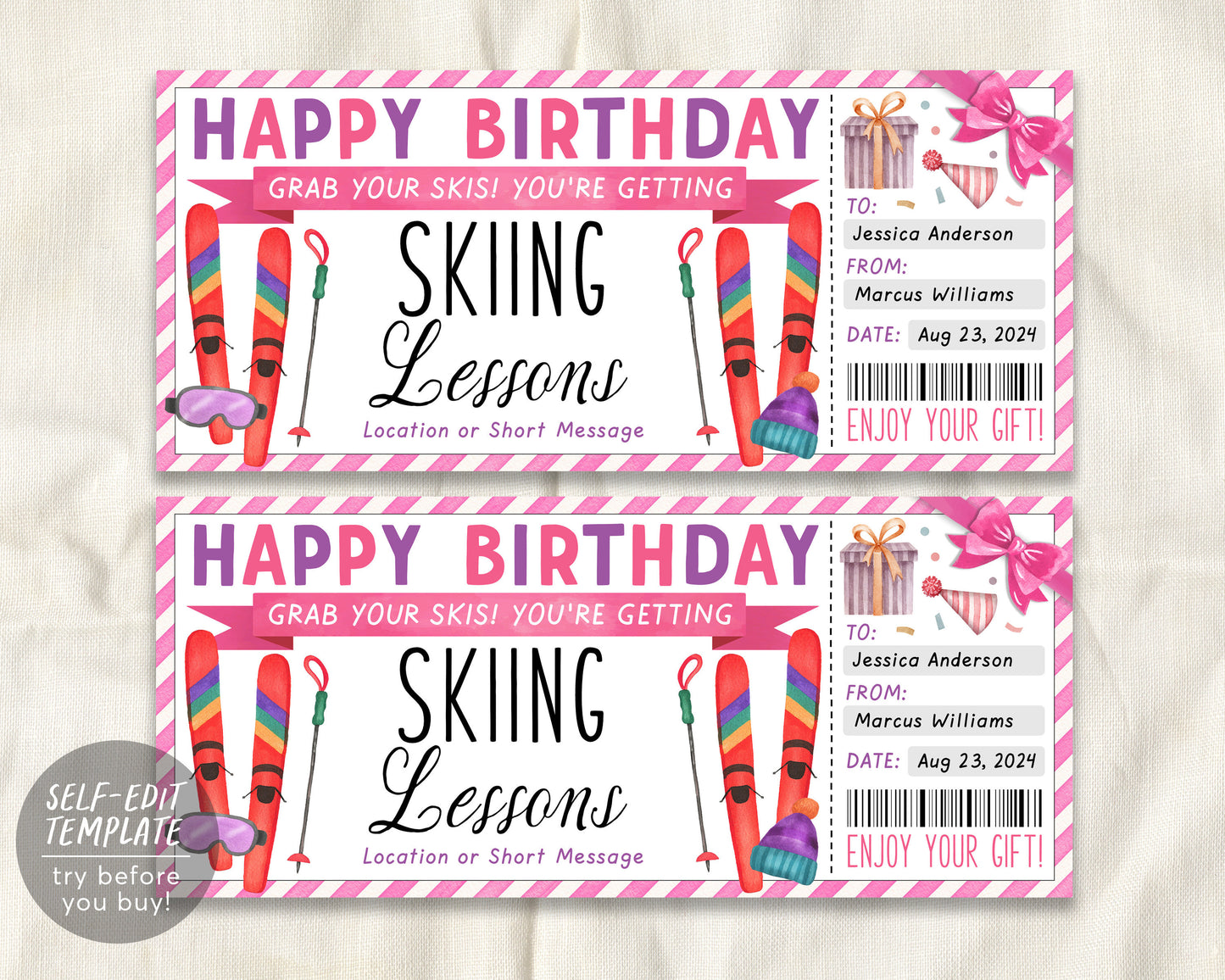 Skiing Lessons Voucher Gift Voucher Editable Template