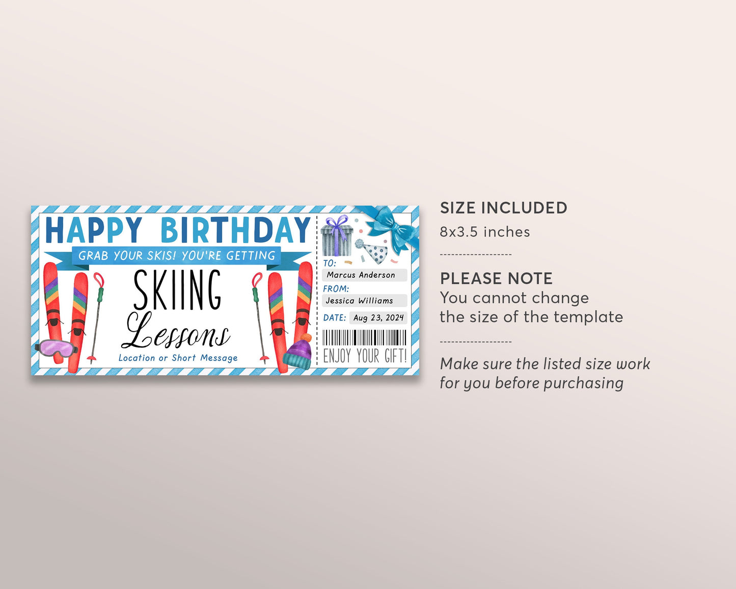 Skiing Lessons Voucher Gift Voucher Editable Template, Birthday Gift Surprise Ski Training Gift Certificate, Skiing Trip Vacation Coupon