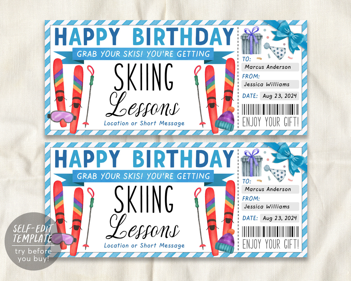 Skiing Lessons Voucher Gift Voucher Editable Template