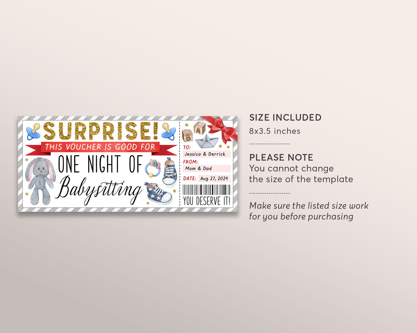 Babysitting Gift Coupon Editable Template, Surprise Babysitter Gift Ticket Voucher, Custom New Mom Certificate Gift Card Kid Free Printable