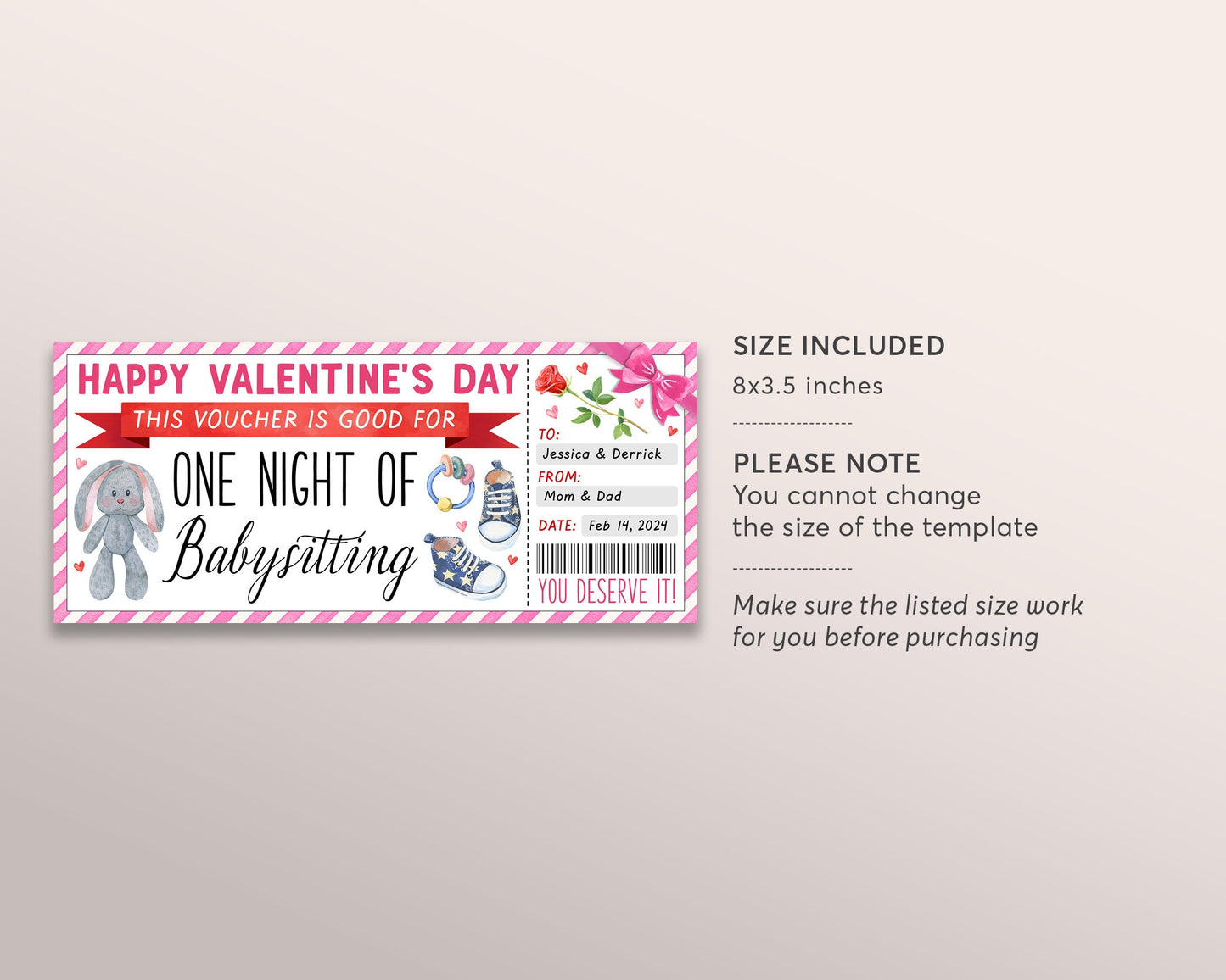 Valentines Day Babysitting Gift Coupon Editable Template, Valentine Surprise Babysitter Gift Ticket Voucher, New Mom Certificate Gift Card