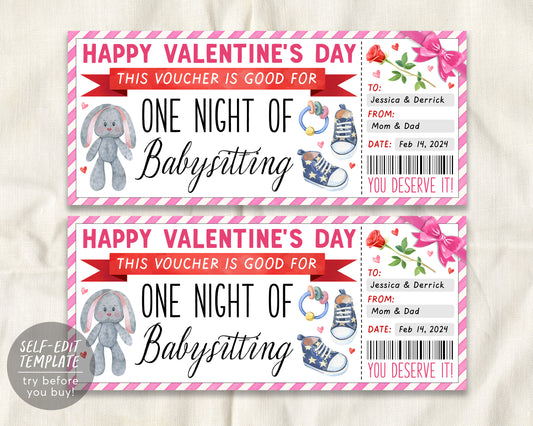 Valentines Day Babysitting Gift Coupon Editable Template