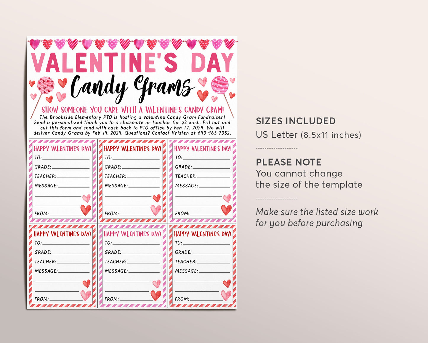 Valentine's Day Candy Gram Flyer Editable Template, Valentine Heart Candy Gram Fundraiser Event, PTA PTO School Nonprofit Church Community