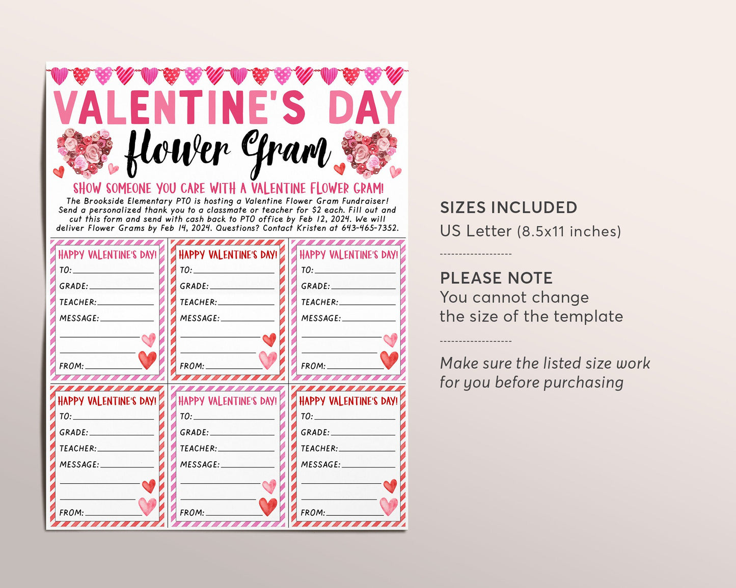 Valentine's Day Flower Gram Flyer Editable Template, Valentine Rose Flower Grams Fundraiser Event, PTA PTO School Nonprofit Church Community