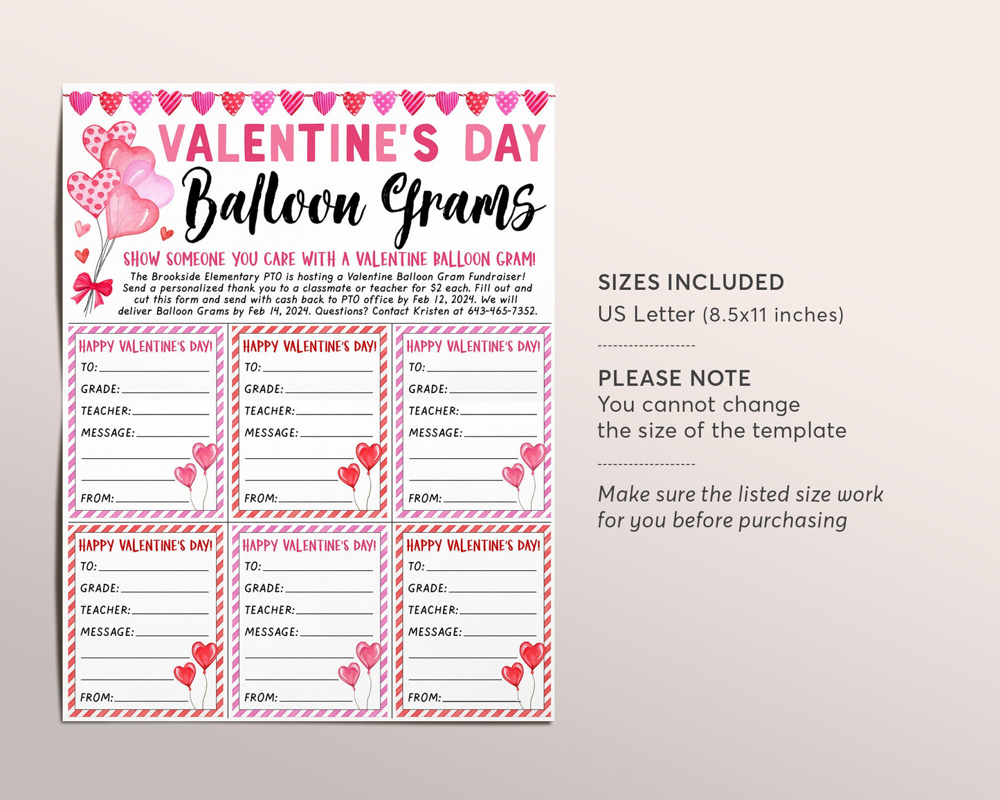 Valentine's Day Balloon Gram Flyer Editable Template, Valentine Heart Candy Grams Fundraiser Event PTA PTO School Nonprofit Church Community