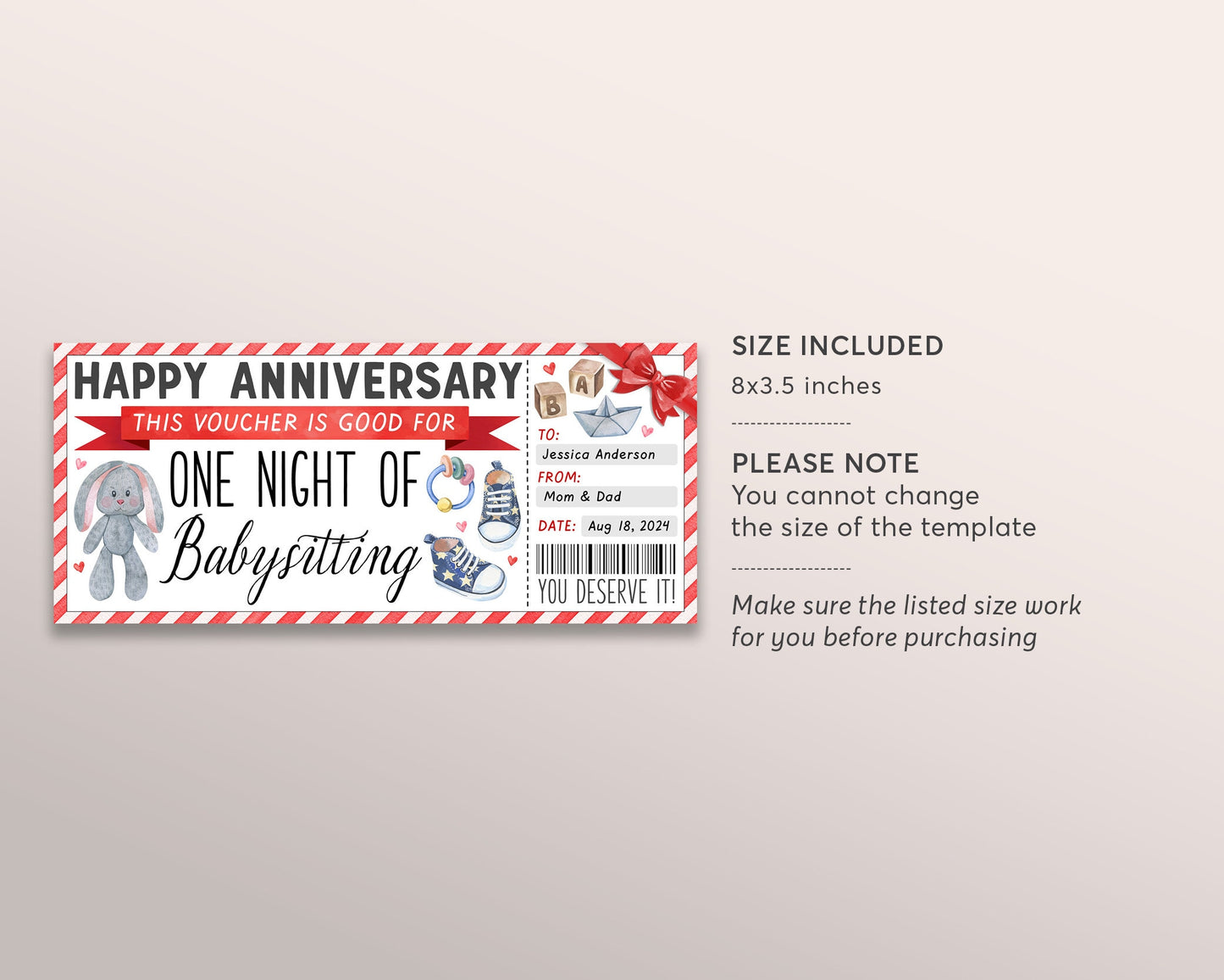 Babysitting Gift Coupon Editable Template, Wedding Anniversary Surprise Babysitter Gift Ticket Voucher, Parents Certificate Gift Card