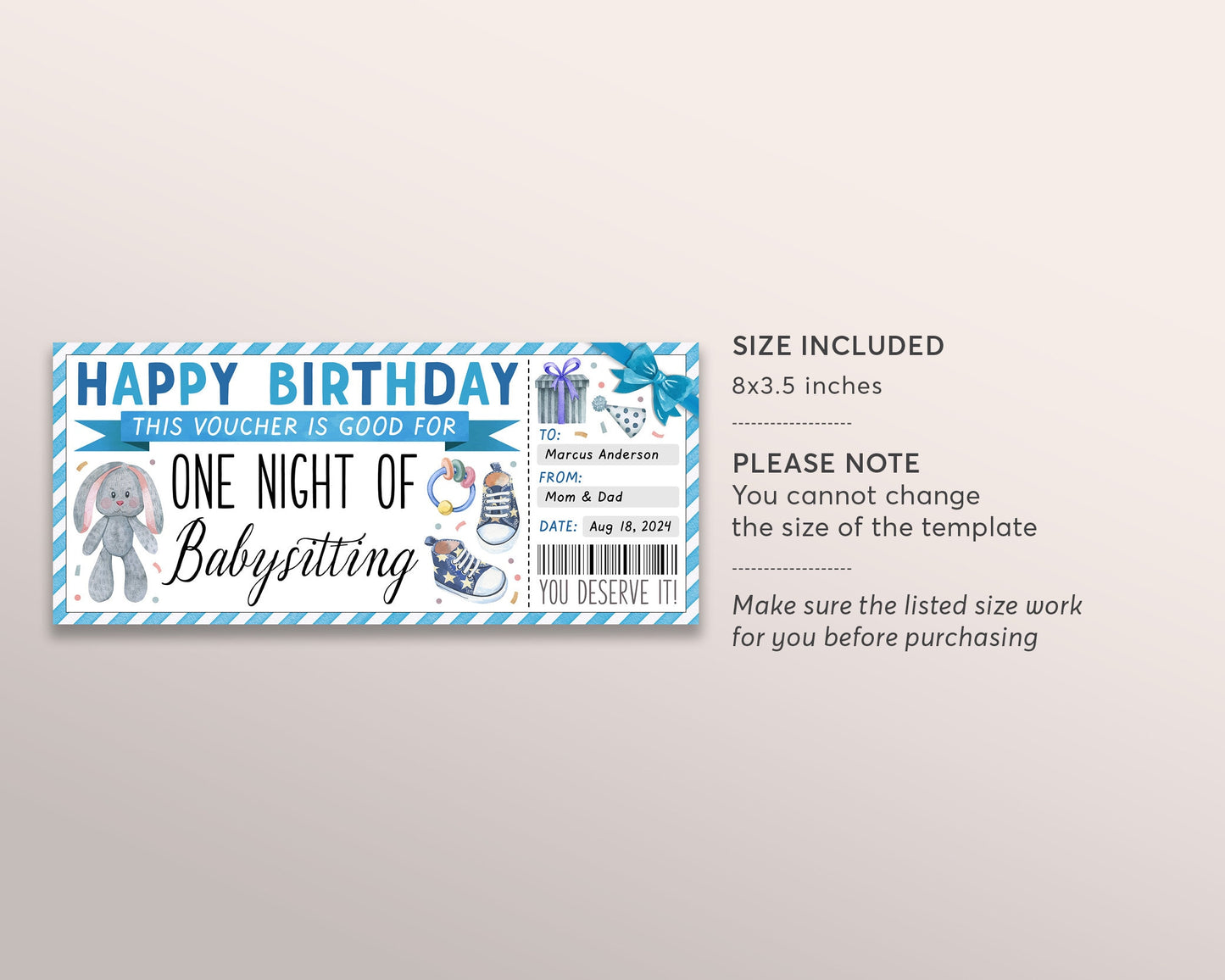 Babysitting Gift Coupon Editable Template, Birthday Surprise Babysitter Gift Ticket Voucher, Custom New Dad Certificate Gift Card Kid Free