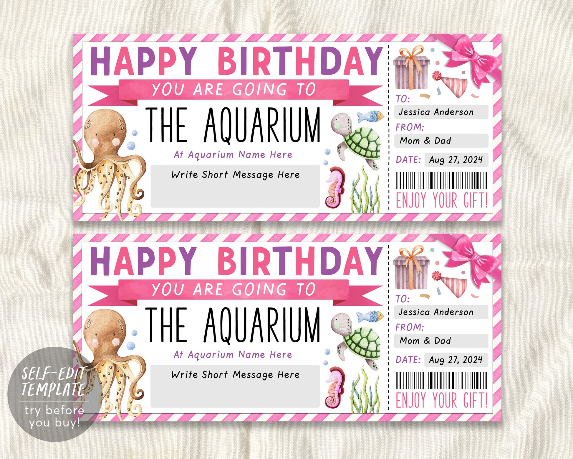 Aquarium Trip Ticket Editable Template