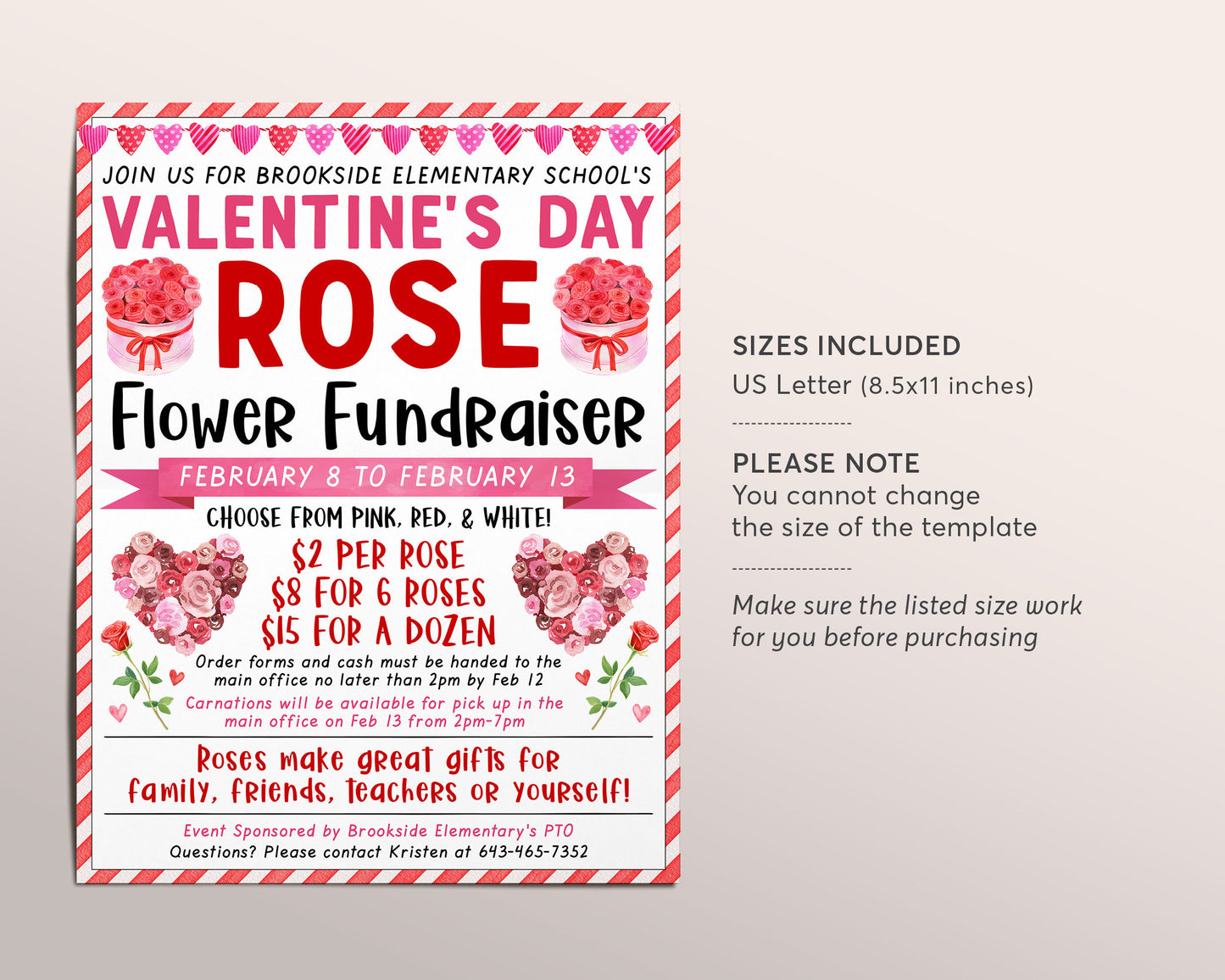 Valentine's Day Rose Flower Fundraiser Flyer Editable Template, Valentine Flower Sale Event, PTA PTO School Nonprofit Church Community DIY