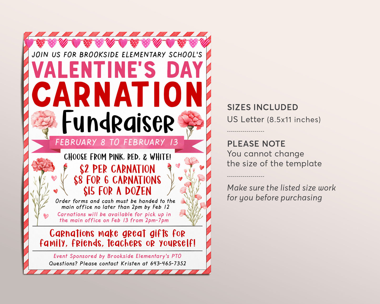 Valentine's Day Carnation Flower Fundraiser Flyer Editable Template, Valentine Flower Sale Event, PTA PTO School Nonprofit Church Community