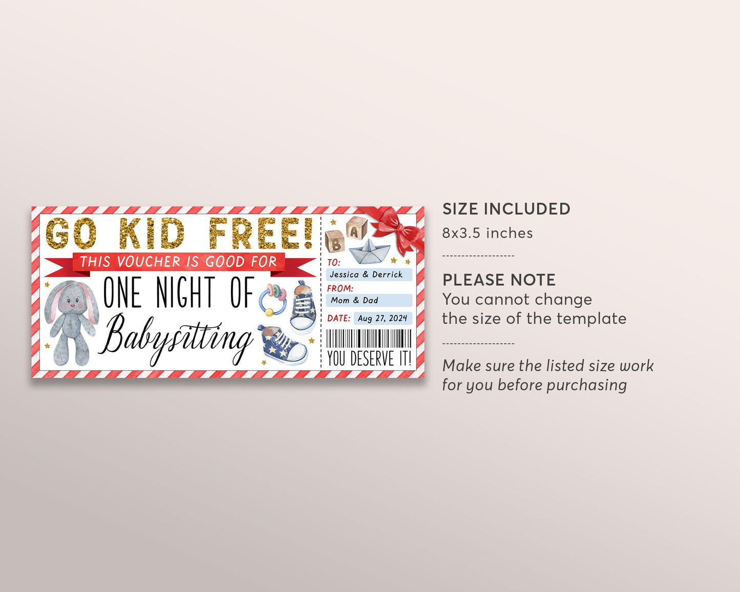 Babysitting Gift Coupon Editable Template, Surprise Babysitter Gift Ticket Voucher, Custom New Mom Certificate Gift Card Kid Free Printable