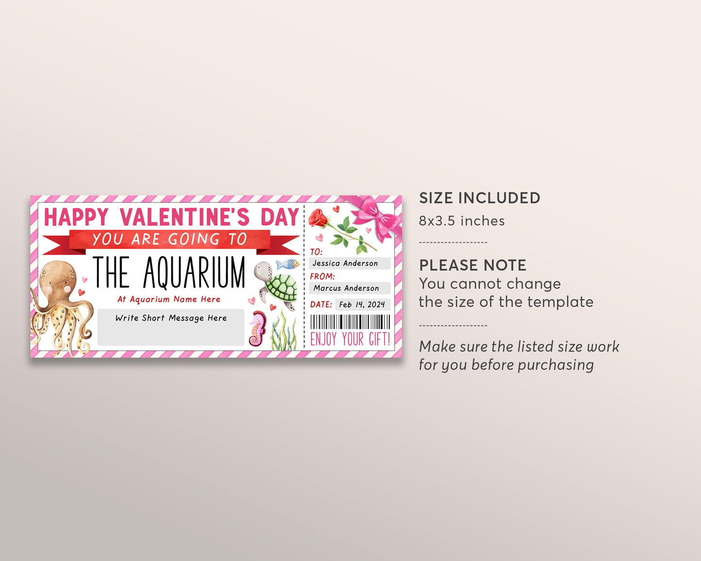 Valentines Day Aquarium Trip Ticket Editable Template, Valentine Anniversary Surprise Aquarium Visit Gift Voucher Gift Certificate Coupon