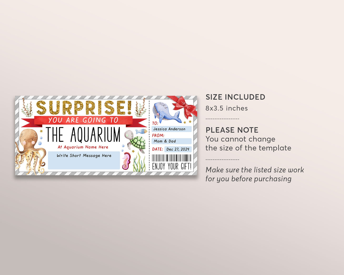 Aquarium Trip Ticket Editable Template, Surprise Holiday Aquarium Visit Gift Voucher For Kids, Day Trip Gift Certificate Coupon Any Occasion