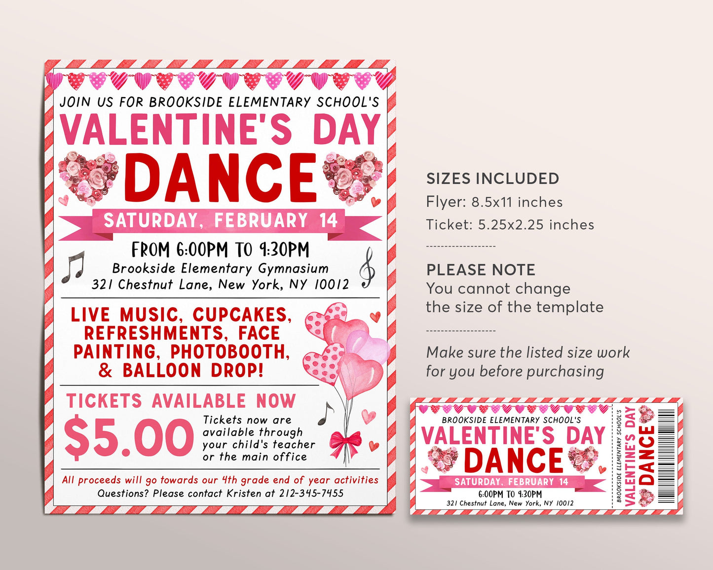 Valentine's Day Dance Flyer Editable Template, Valentines School Dance Invitation Invite, School Dance Tickets Printable, Church Community