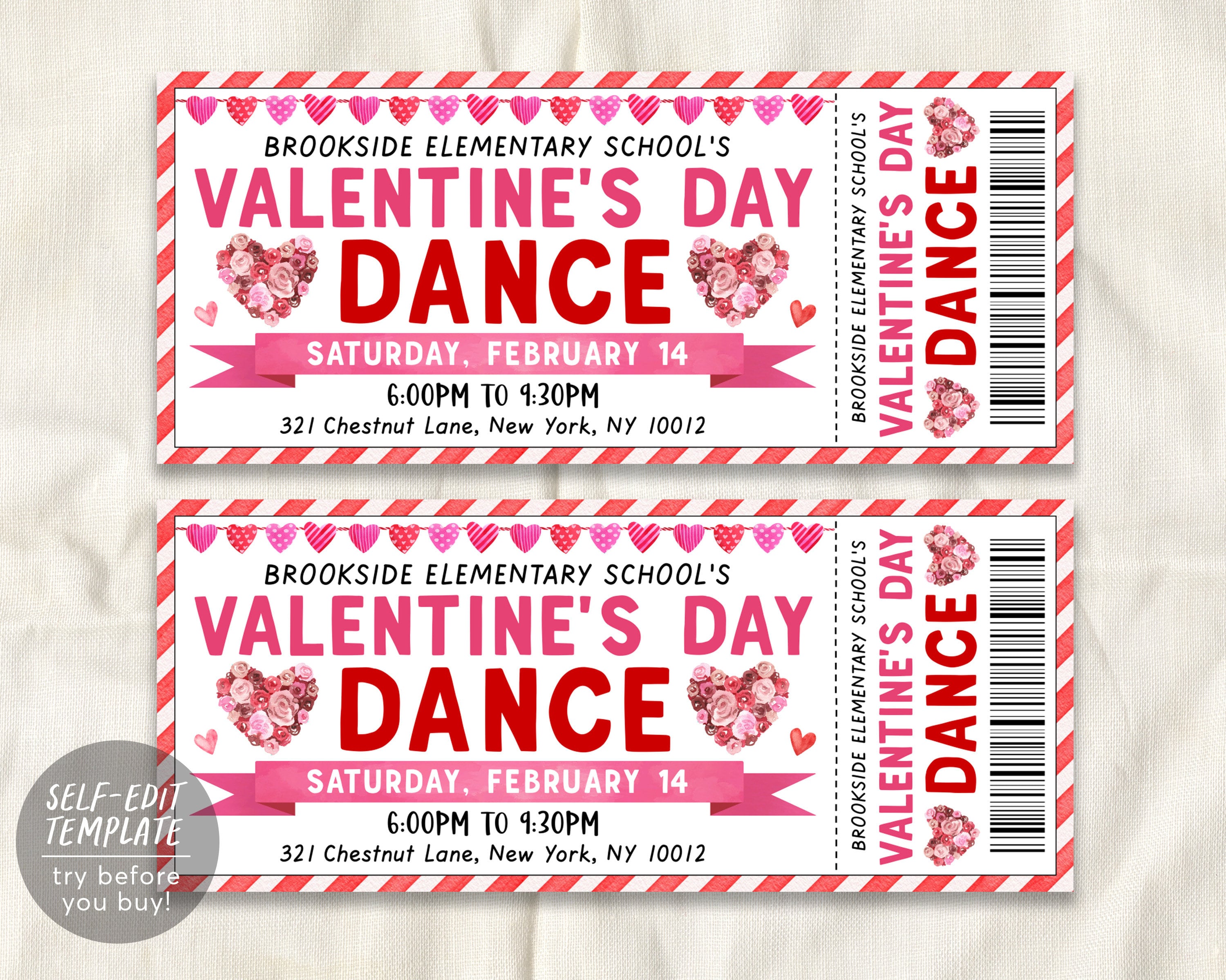 Valentine's Day Dance Tickets Editable Template, Printable Ticket for ...