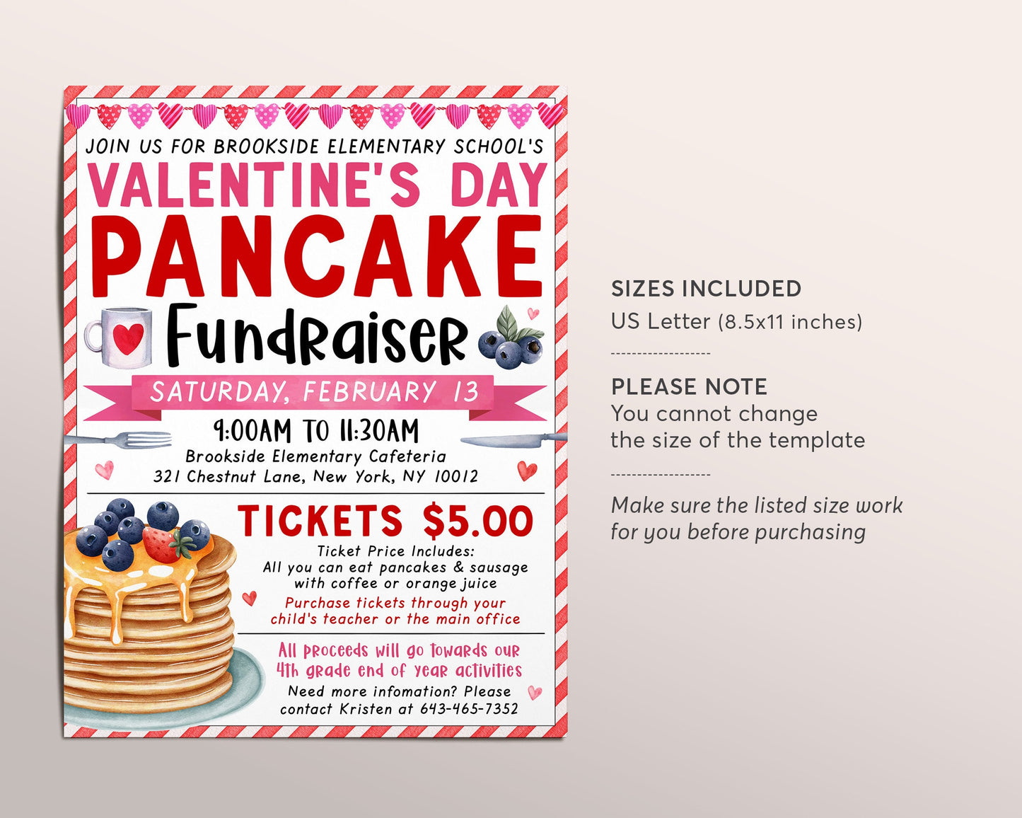 Valentine's Day Pancake Breakfast Fundraiser Flyer Editable Template, Valentine Pancakes Brunch Event, PTA PTO School Nonprofit Church