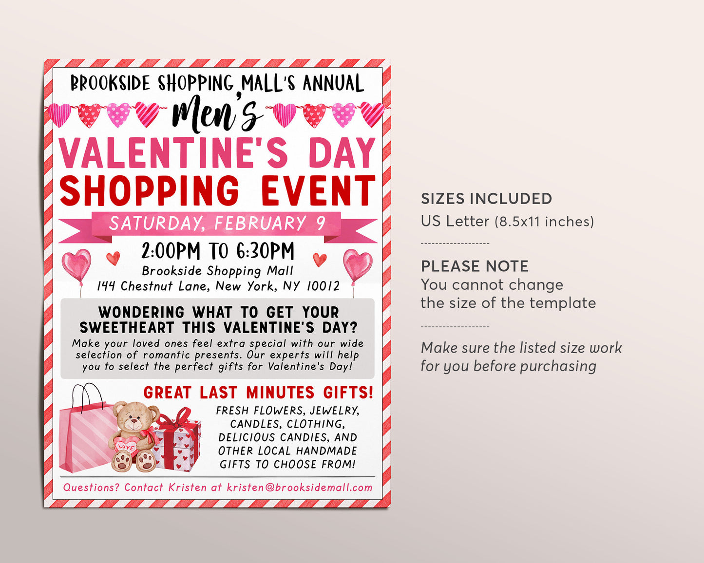 Valentine's Day Shopping Flyer Editable Template, Valentine Sales Men's Shopping Event Announcement Invitation, Boutique Marketing Vendor