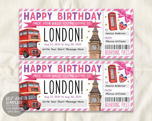 Birthday London Gift Ticket Boarding Pass Editable Template