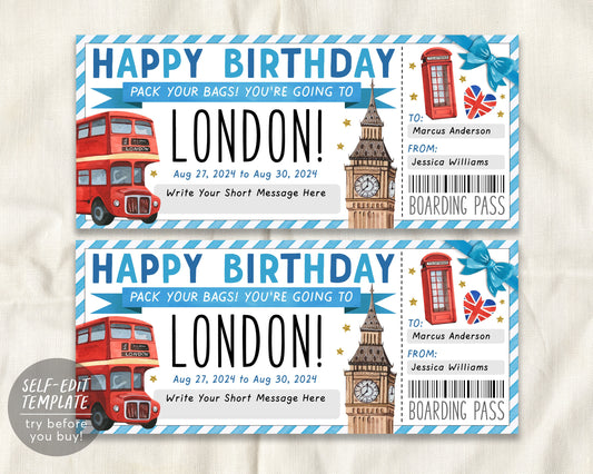 London Gift Ticket Boarding Pass Editable Template, Birthday Surprise Travel Vacation Plane Ticket Certificate, England Holiday Trip Reveal