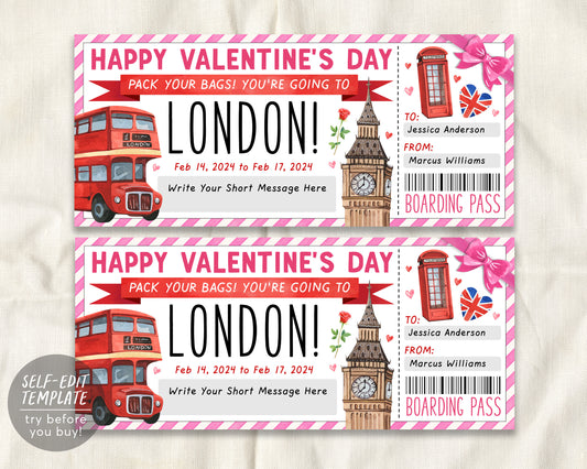 Valentines Day London Gift Ticket Boarding Pass Editable Template
