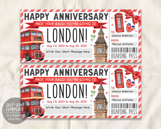 Wedding Anniversary London Gift Ticket Boarding Pass Editable Template