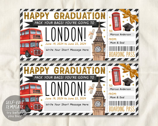 Graduation London Gift Ticket Boarding Pass Editable Template