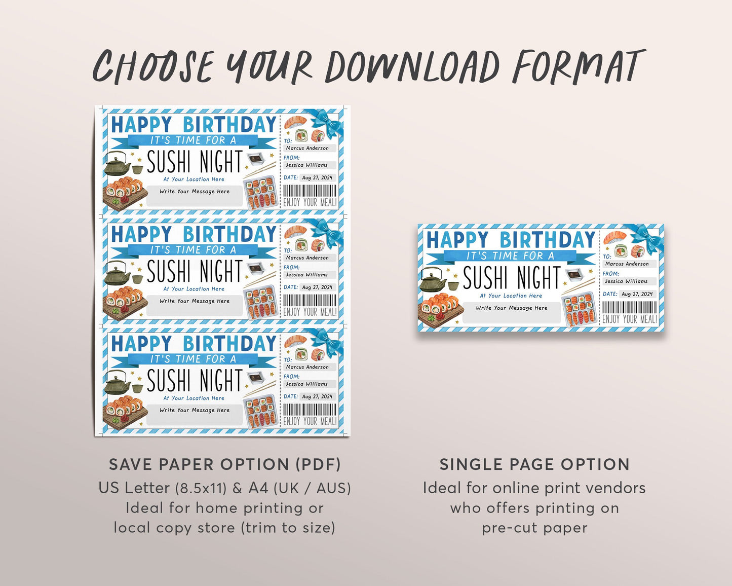 Sushi Night Ticket Voucher Editable Template, Birthday Surprise Sushi Date Night Coupon, Japanese Restaurant Omakase Gift Certificate