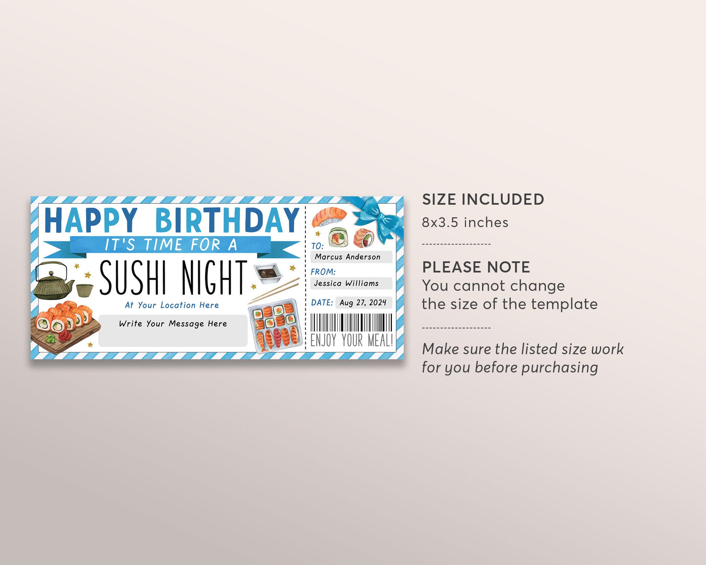 Sushi Night Ticket Voucher Editable Template, Birthday Surprise Sushi Date Night Coupon, Japanese Restaurant Omakase Gift Certificate