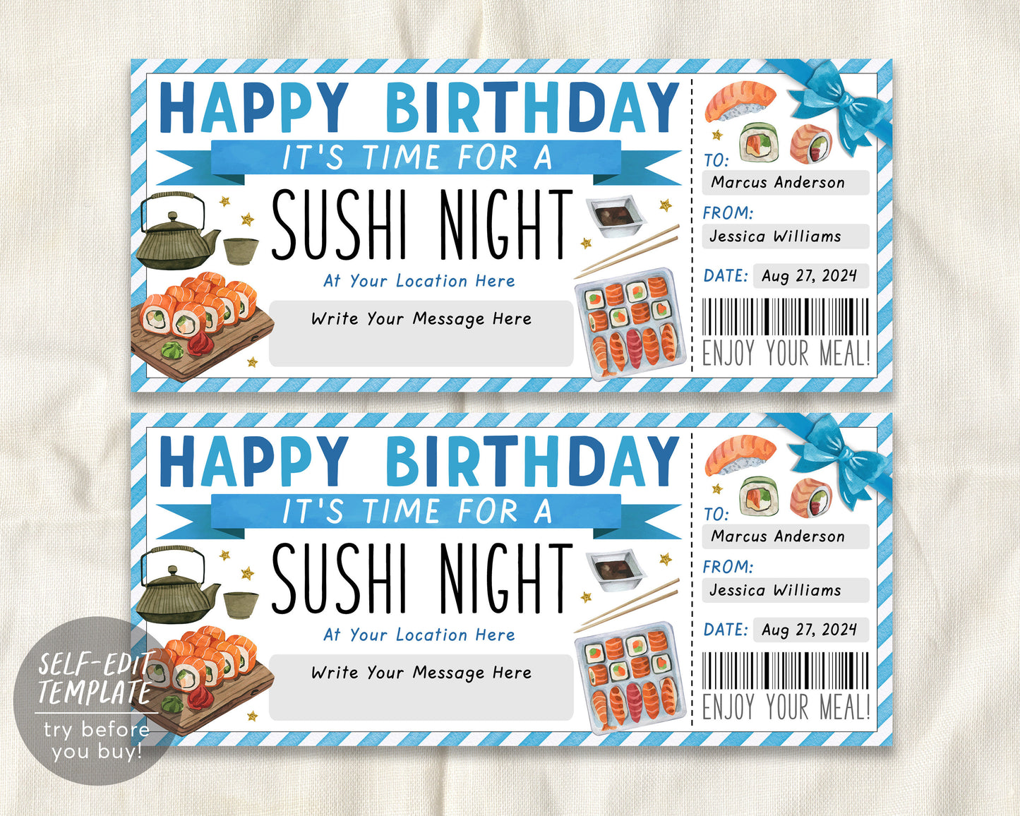 Sushi Night Ticket Voucher Editable Template