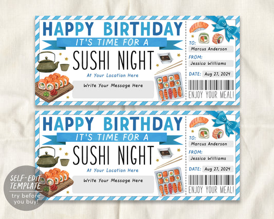 Sushi Night Ticket Voucher Editable Template