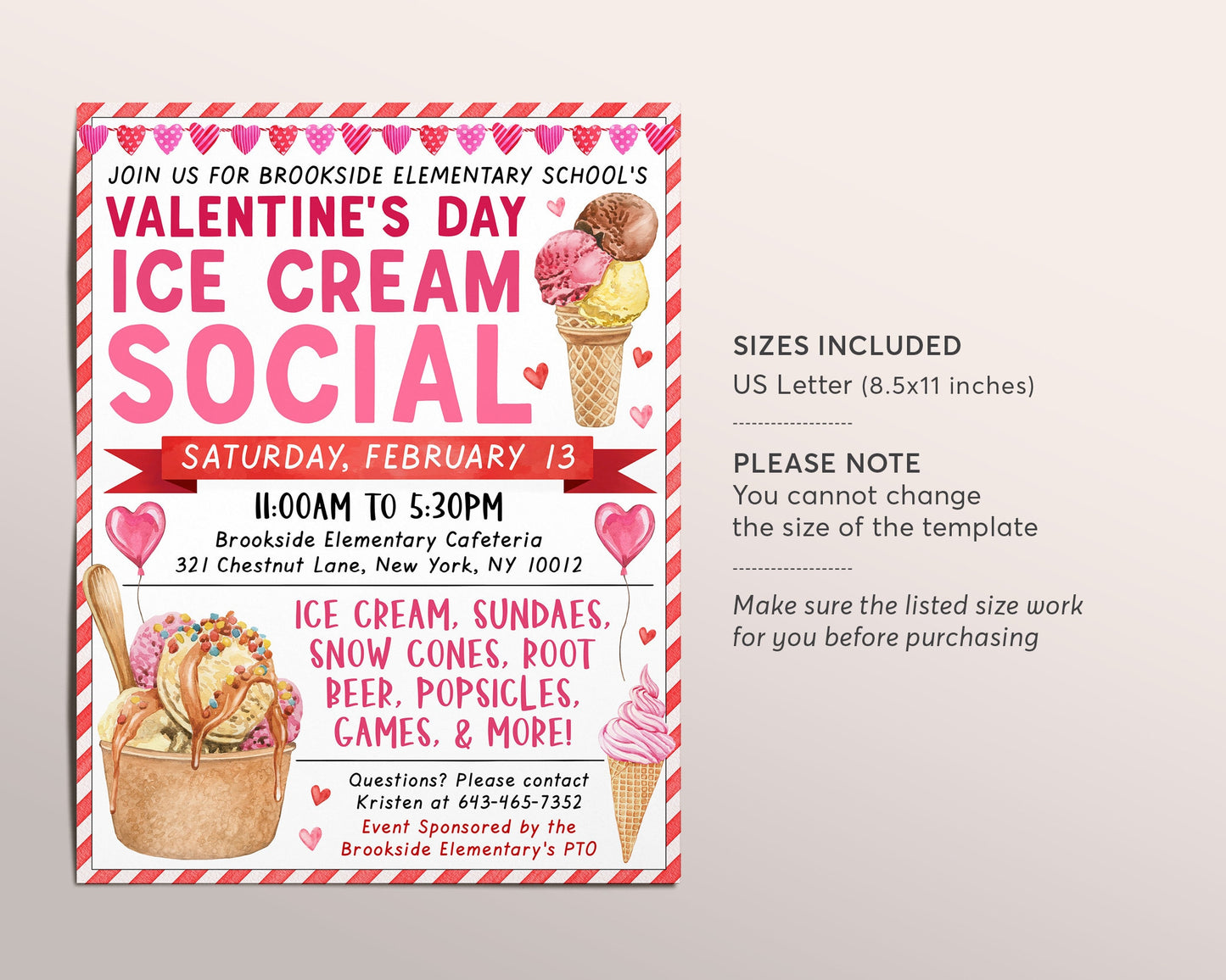 Valentine's Day Ice Cream Social Flyer Editable Template, Valentine Ice Cream Fundraiser Party Invite Event, PTA PTO School Appreciation