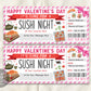 Valentines Day Sushi Night Ticket Voucher Editable Template