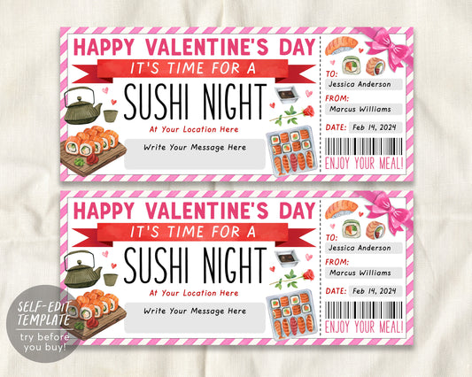 Valentines Day Sushi Night Ticket Voucher Editable Template