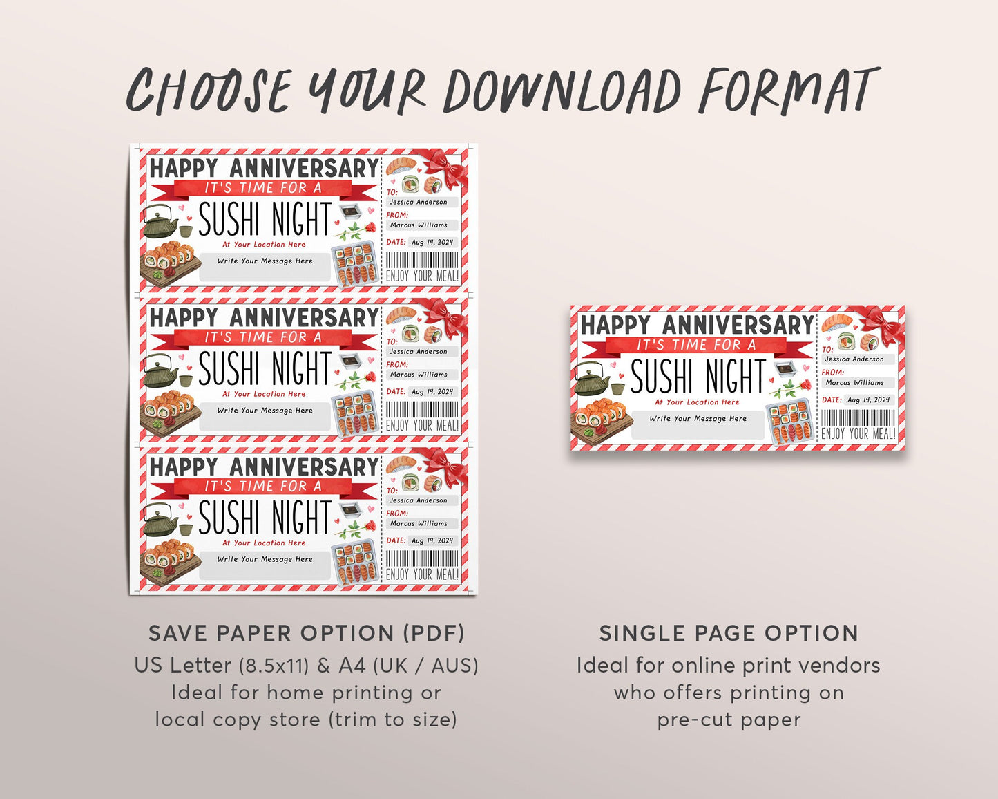 Sushi Night Ticket Voucher Editable Template, Anniversary Surprise Sushi Date Night Coupon, Japanese Restaurant Omakase Gift Certificate