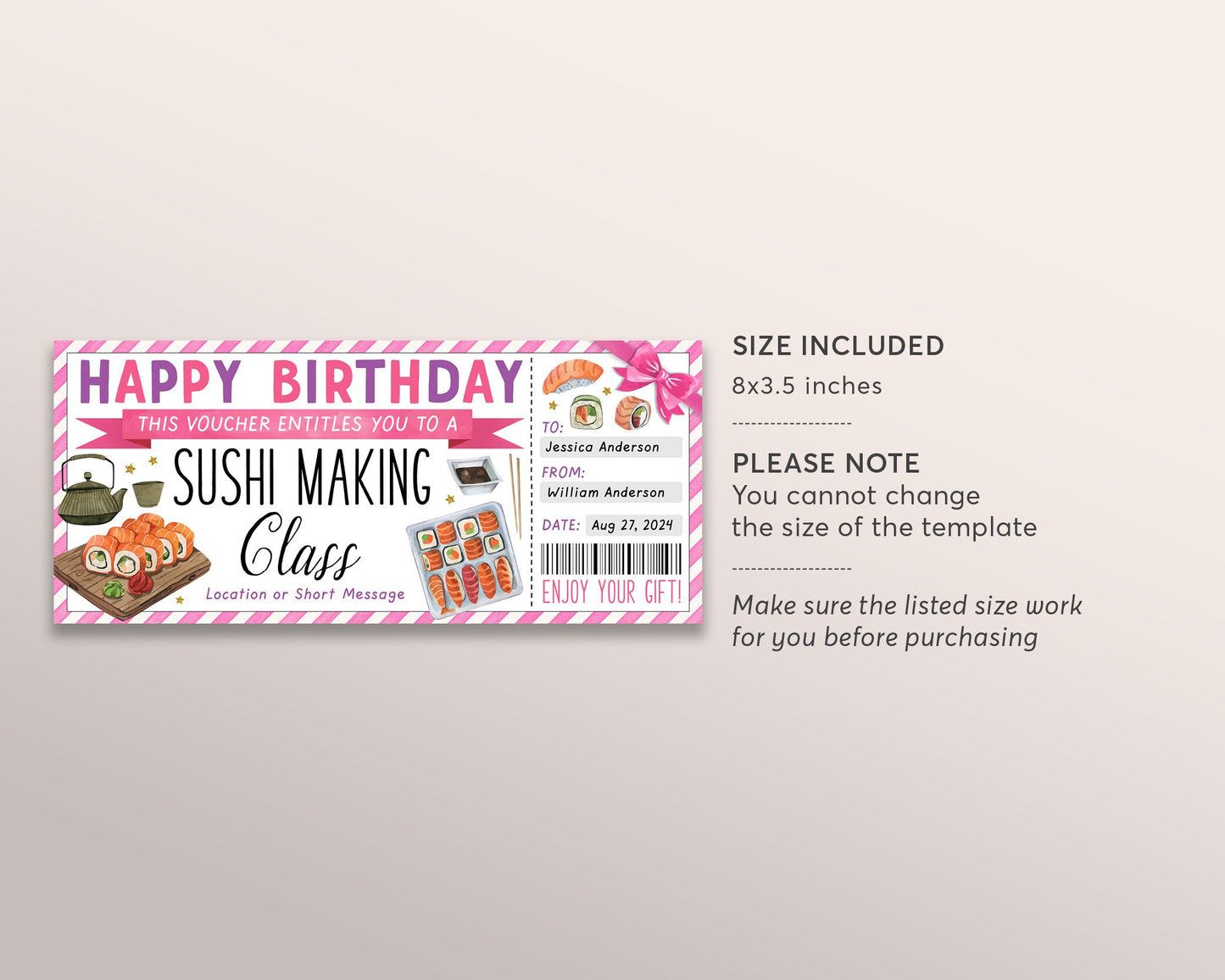 Sushi Making Class Ticket Voucher Editable Template, Birthday Surprise Japanese Cuisine Food Cooking Coupon, Cooking Lessons Certificate